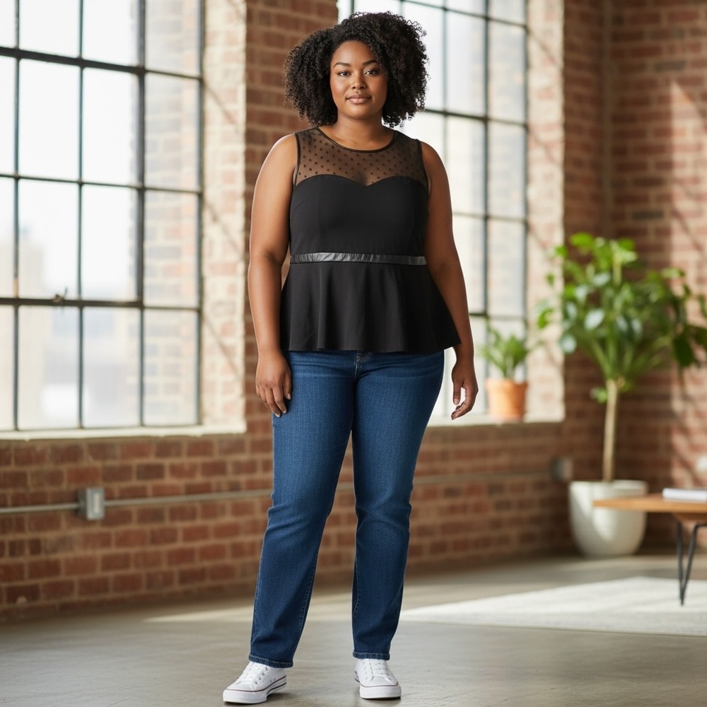 Torrid Black Peplum Top Polka Dot Mesh Sweetheart Sleeveless‎ Blouse Plus Size